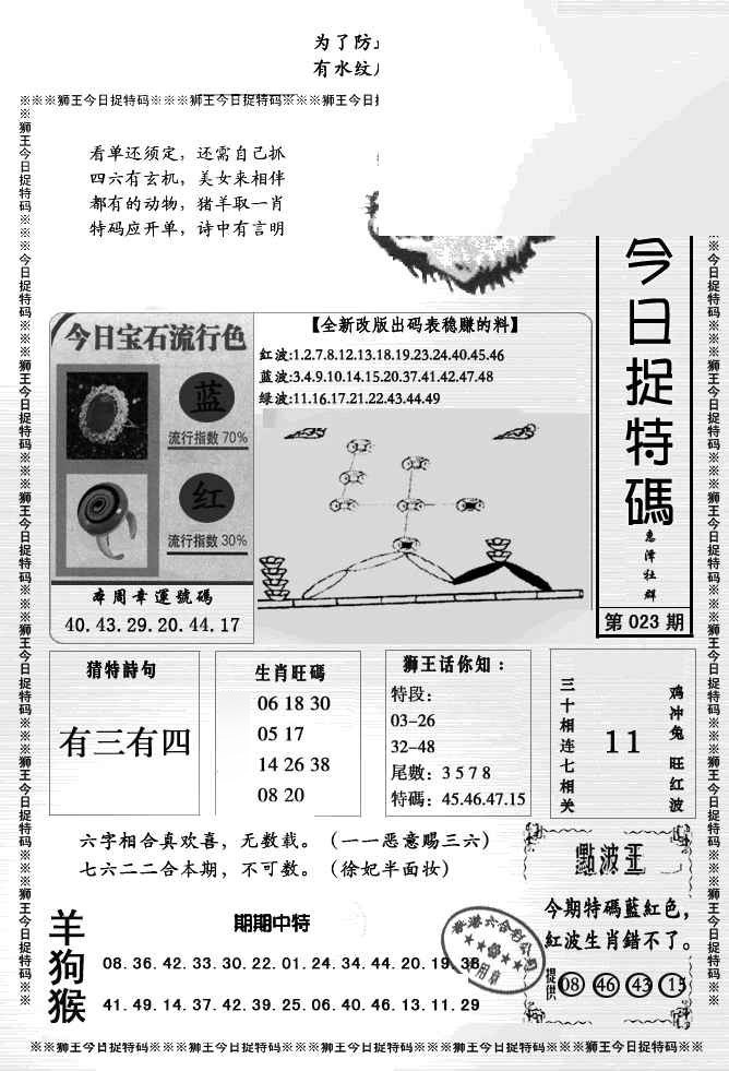 023期狮王今日抓特码[图]