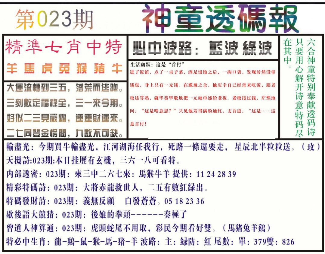 023期神童透码报(正版)[图]